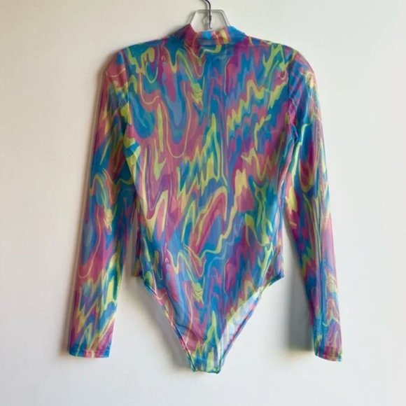 Pink blue yellow swirl all over print long sleeve mock neck bodysuit top - Picture 3 of 5